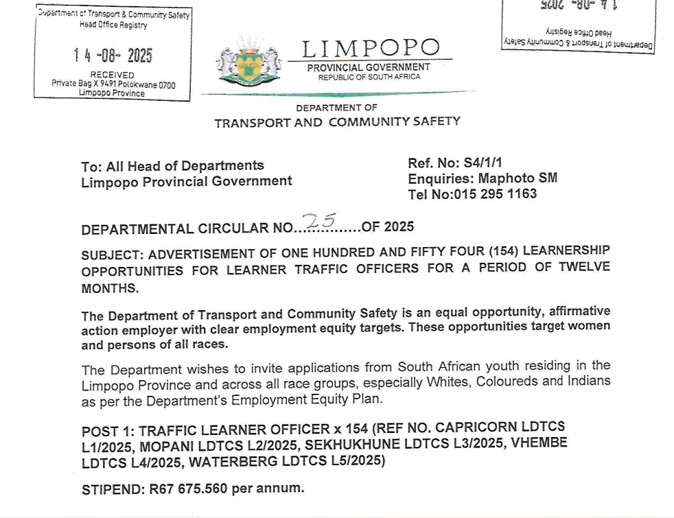 Limpopo Transport Traffic Officer Learnership Programme 2025