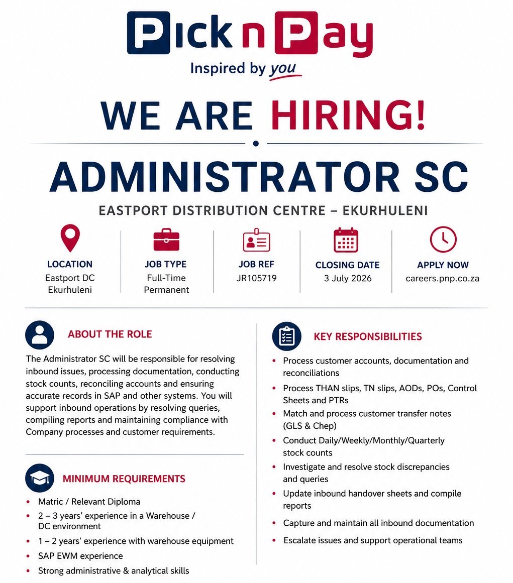 The Administrator SC vacancy at Pick n Pay